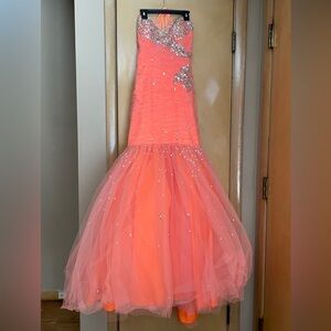 Mori Lee Strapless Coral Gown with Silver Accents